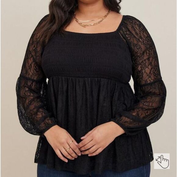 Torrid Babydoll Stretch Lace Smocked Bodice Square Neck Top - Picture 1 of 4